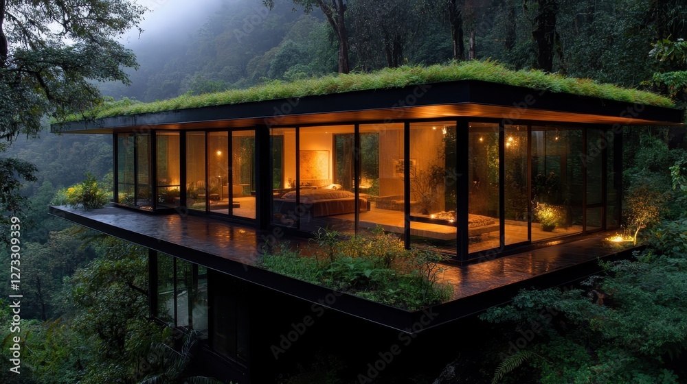 A stunning modern glass house nestled in a rich forest, with a green roof and panoramic views of nature, harmoniously blending architecture with the wild surroundings. A stunning modern glass house nestled in a rich forest, with a green roof and panoramic views of nature, harmoniously blending architecture with the wild surroundings.