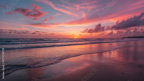 Golden Sunset Over a Serene Beach: Soft Waves & Breathtaking Ocean View – Generative AI Art