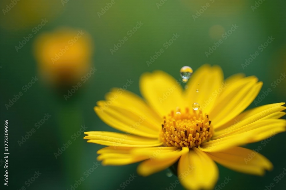 Water droplet lands on yellow flower seed with textured details, details, abstract