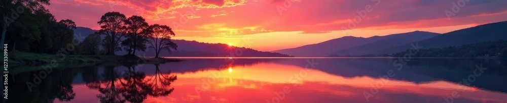 Sunset over Mantua lake with trees reflected in the water, lago, reflections Sunset over Mantua lake with trees reflected in the water, lago, reflections