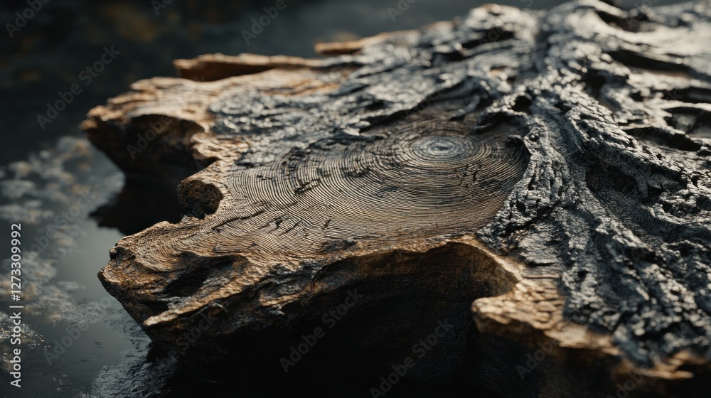 Weathered tree stump on the ground showing its annual rings