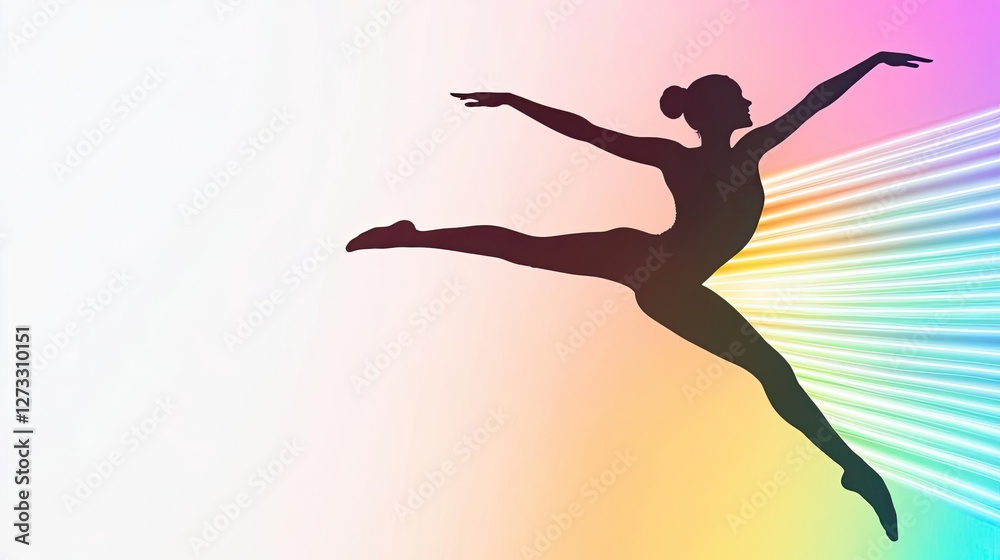 Naklejka premium Silhouette of a ballet dancer leaping gracefully against a colorful gradient background, conveying motion and elegance.