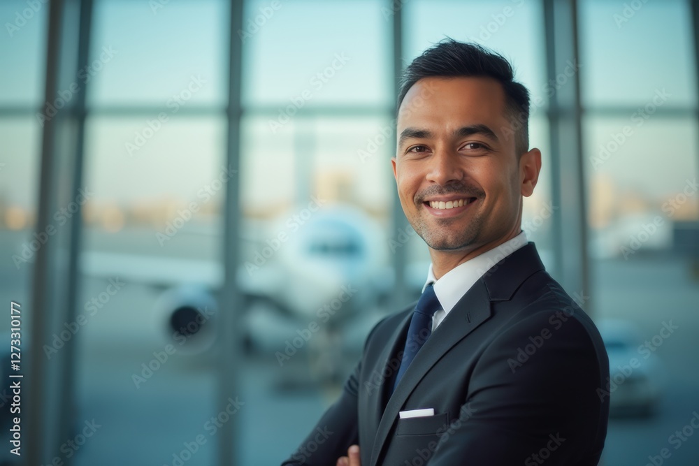 Head and shoulders Portrait of an elegant stylish Colombian 50 years old male flight attendant in uniform. Head and shoulders Portrait of an elegant stylish Colombian 50 years old male flight attendant in uniform.