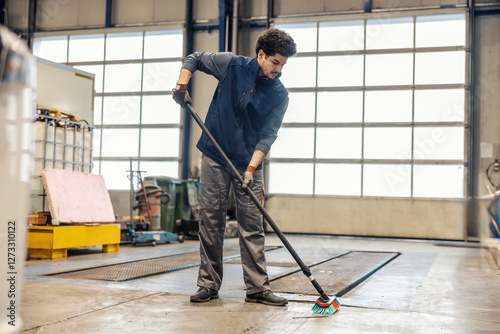 Neat multicultural industry worker with broom in hands cleaning around facility. photo