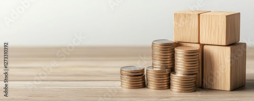 Stacked coins and wooden blocks on a neutral background, representing financial growth and investment opportunities.