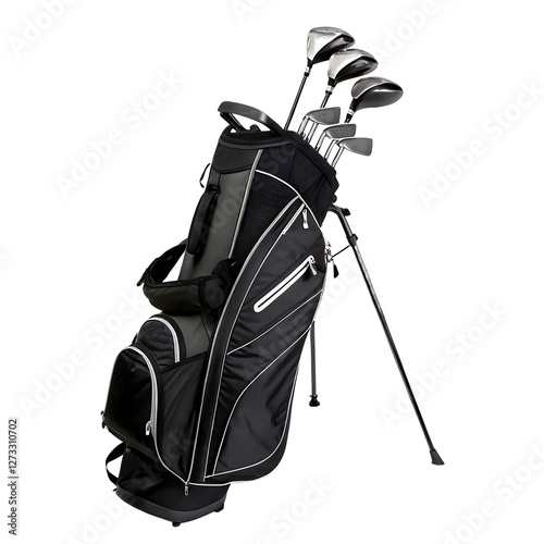 A black golf bag with various golf clubs on a transparent background.