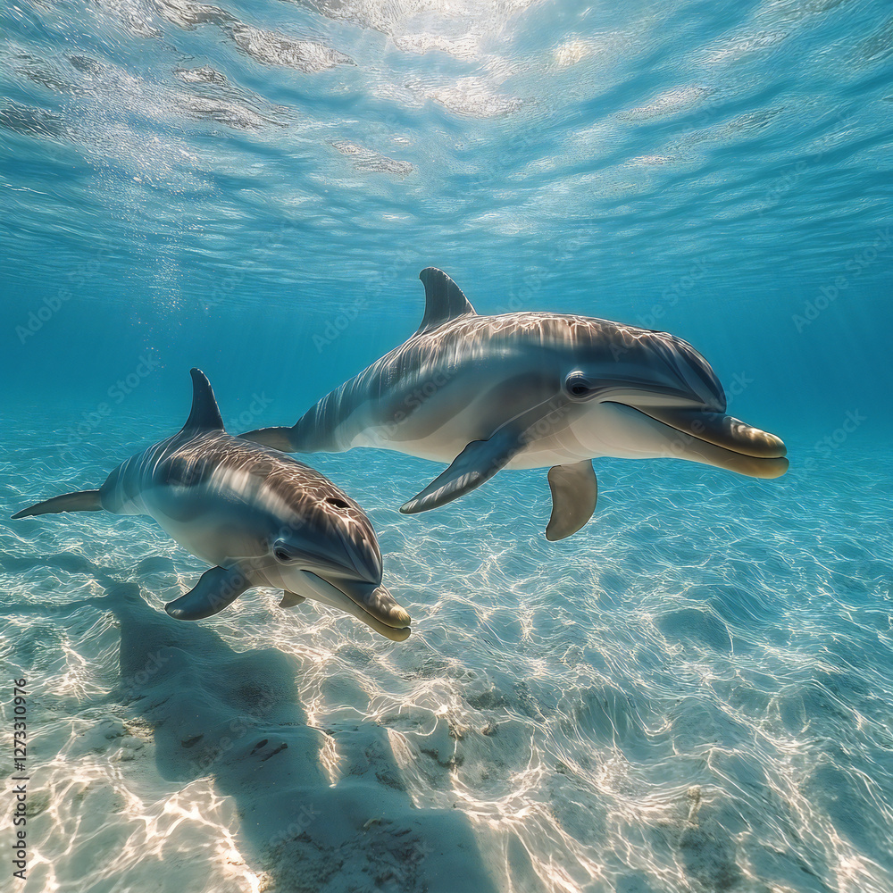 Obraz premium Grey dolphins and sharks swimming in a blue tropical ocean
