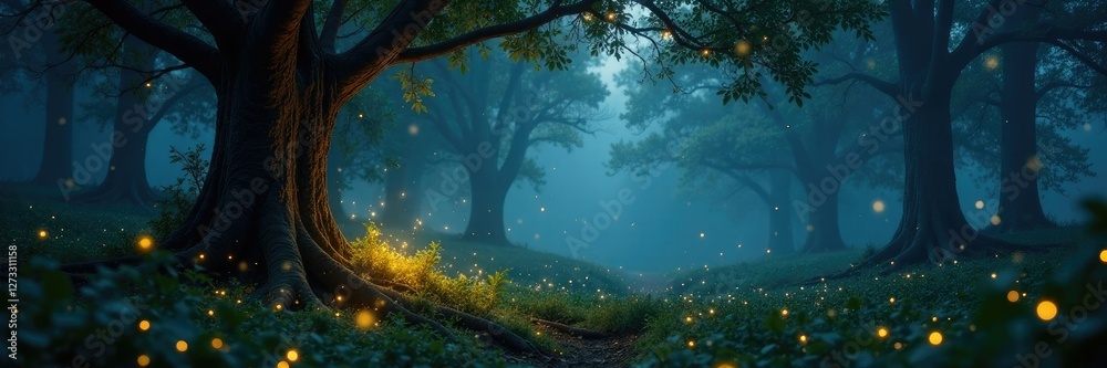 Fototapeta premium Twinkling fireflies surround ancient trees with glowing soft light, woodland ambiance, sparkling fireflies, misty woods