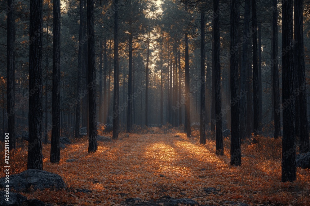 Fototapeta premium Dense pine forest with golden autumn light filtering through tall trees