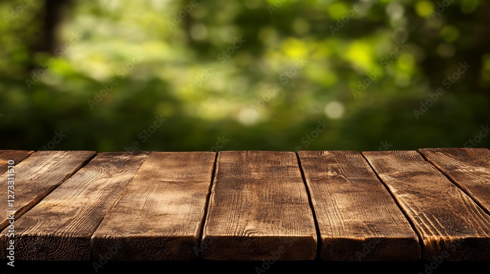 Fototapeta premium Rustic wooden table in a serene forest setting, inviting for outdoor dining or relaxation