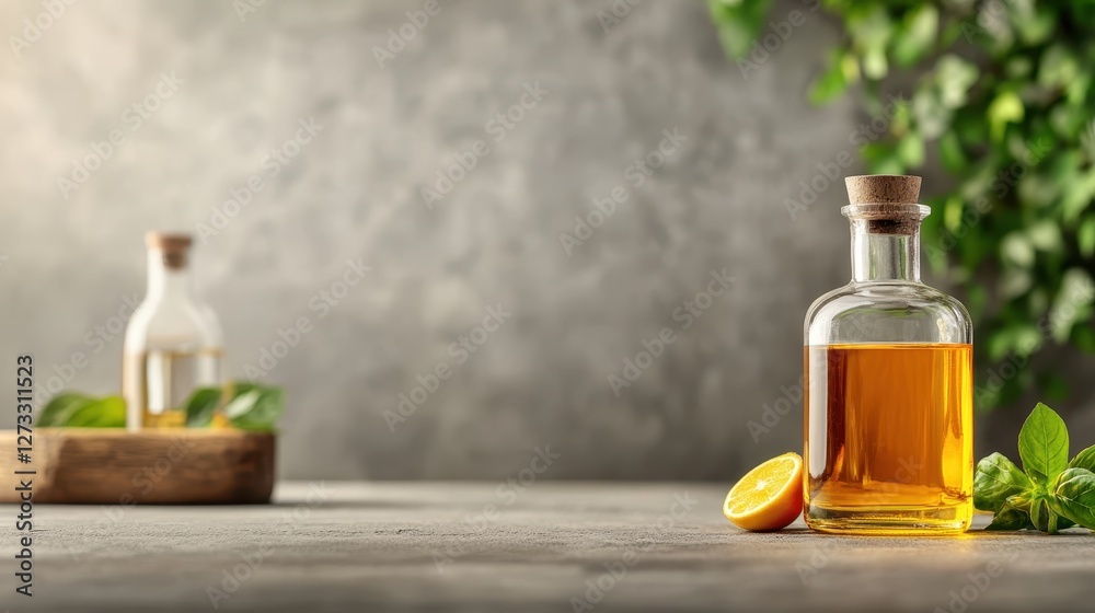 This image showcases a beautifully arranged glass bottle filled with oil, accompanied by a fresh citrus slice and surrounded by greenery, perfect for culinary use.