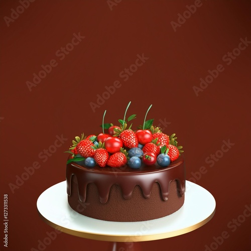 Decadent Chocolate Cake with Fresh Berries, Strawberries, and Cherries on a Dark Brown Background with Copy Space