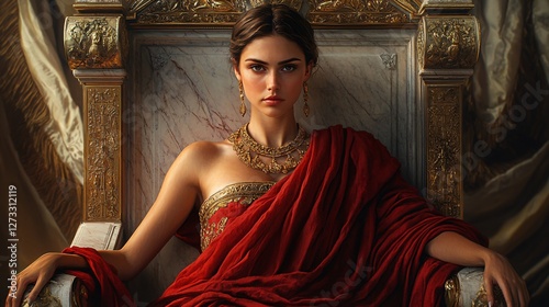 Regal Woman In Red Robe Sitting On Golden Throne