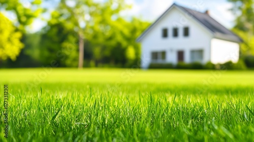Wallpaper Mural Lush green grass in focus with a blurred white house and vibrant tree in the background Torontodigital.ca