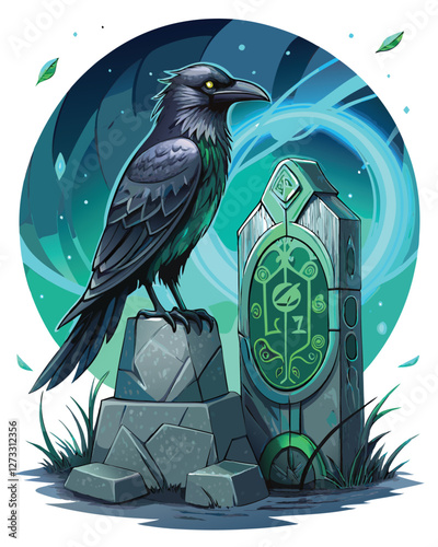 A solitary crow, perched atop an ancient gravestone intricately carved with Norse runes, under a brooding sky.