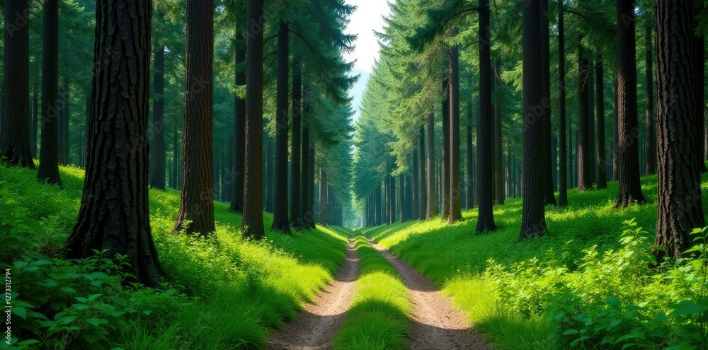 Fototapeta premium Towering pine trees create a majestic green wall along a winding forest path, wilderness, greenery, forest trail
