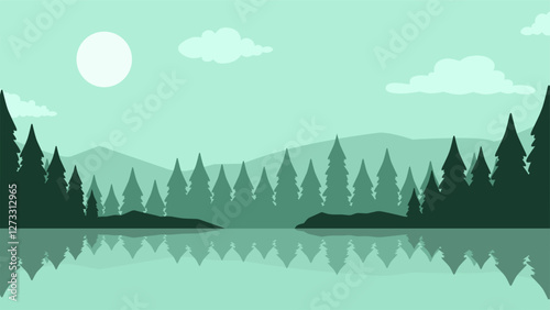 Landscape of mountain lake scenery. Panoramic view of mountain and pine forest with serene lake. Vector illustration of tranquil landscape with coniferous trees and mountain reflection on the water