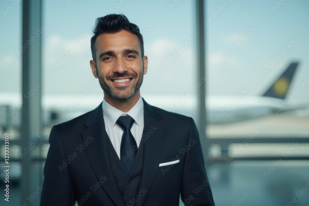 Head and shoulders Portrait of an elegant stylish Emirati 50 years old male flight attendant in uniform. Head and shoulders Portrait of an elegant stylish Emirati 50 years old male flight attendant in uniform.