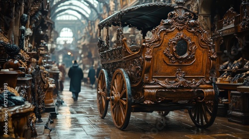 Ornate carriage, antique market, shoppers, winter