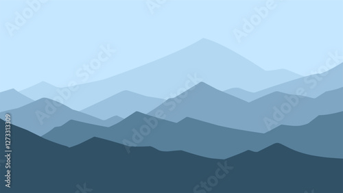 Landscape of mountain range scenery. Panoramic view of mountain peaks and ridges. Vector illustration of scenic landscape with majestic mountain range and ridges under dark blue sky