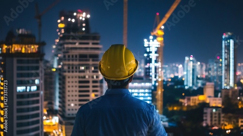 Engineer overlooking city construction at night.