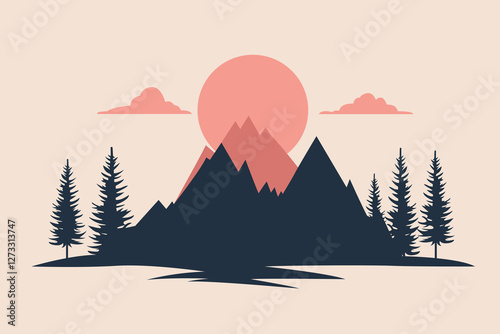 Silhouette of a mountain with pine trees at sunset and clouds. Hiking and climbing concept. Designed for travel and wilderness gear. Big mountain logo.