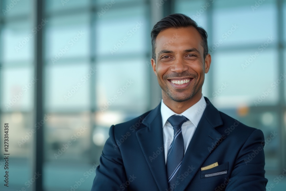 Head and shoulders Portrait of an elegant stylish Fijian 50 years old male flight attendant in uniform. Head and shoulders Portrait of an elegant stylish Fijian 50 years old male flight attendant in uniform.