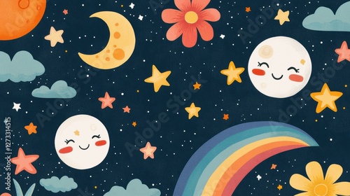 Whimsical Celestial Pattern with Smiling Moons and Rainbow Elements
