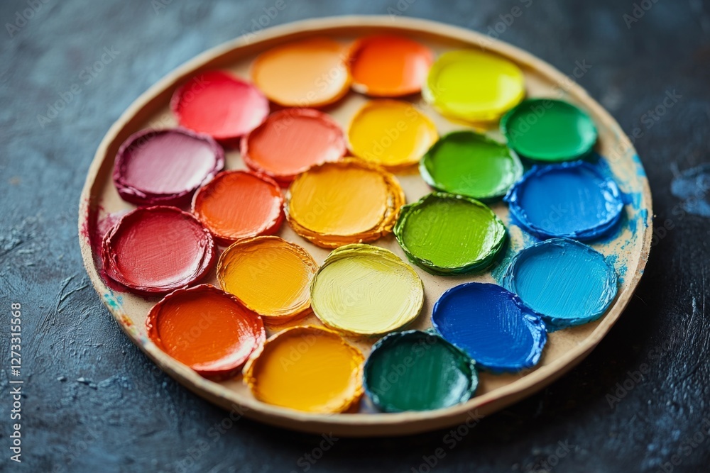 Naklejka premium Colorful watercolor paint palette with bright pigments arranged in a circle