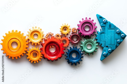 Arrow made of colorful interlocking gears symbolizing teamwork and progress
