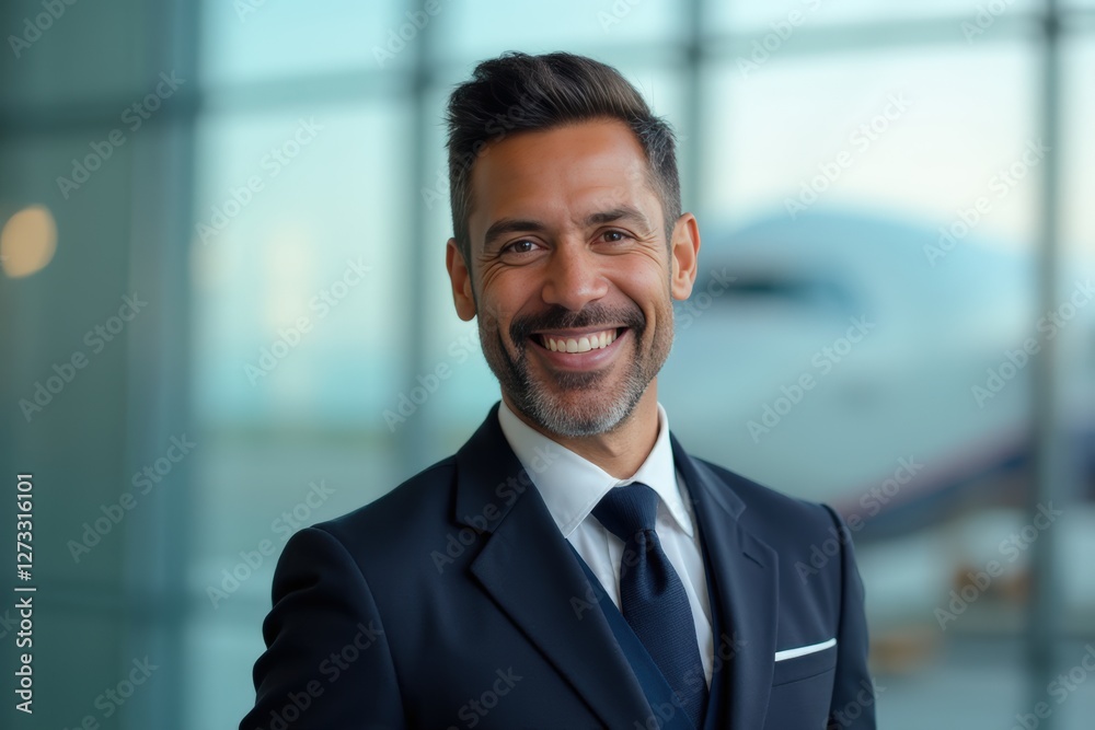 Head and shoulders Portrait of an elegant stylish Grenadian 50 years old male flight attendant in uniform. Head and shoulders Portrait of an elegant stylish Grenadian 50 years old male flight attendant in uniform.