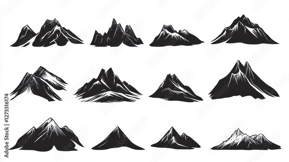 Mountain vector set silhouette nature winter mountainous valleys outdoor rocky snow ice top of mount landscape travel climbing hill peak hiking illustration Mountain vector set silhouette nature winter mountainous valleys outdoor rocky snow ice top of mount landscape travel climbing hill peak hiking illustration