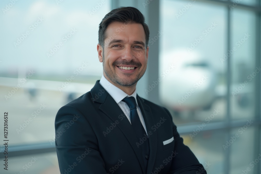 Head and shoulders Portrait of an elegant stylish Guinea-Bissauan 50 years old male flight attendant in uniform. Head and shoulders Portrait of an elegant stylish Guinea-Bissauan 50 years old male flight attendant in uniform.