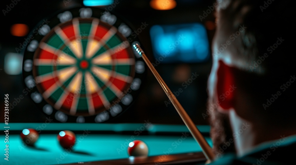 Man Aiming Dart Cue Towards Dartboard With Billiard Balls and Dark Background