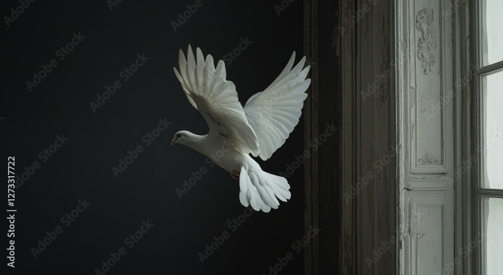 Fototapeta premium beautiful white dove flying against aesthetic wall 