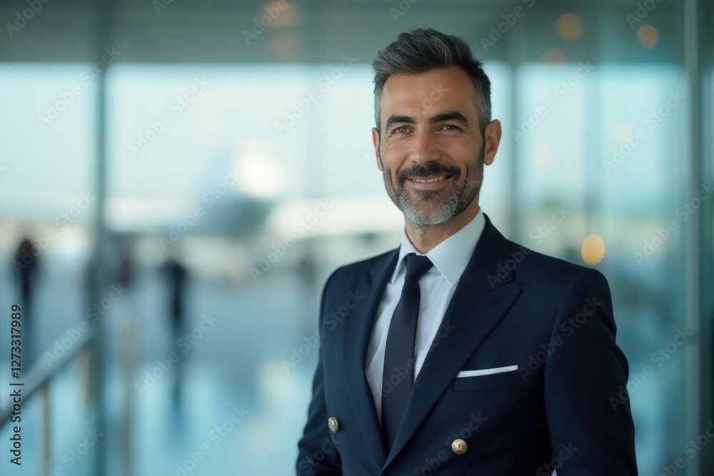 Head and shoulders Portrait of an elegant stylish Iranian 50 years old male flight attendant in uniform. Head and shoulders Portrait of an elegant stylish Iranian 50 years old male flight attendant in uniform.