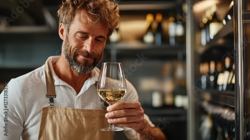 A smiling sommelier in an apron examines a glass of white wine, showcasing his expertise and passion for fine wines in a well-stocked wine cellar.