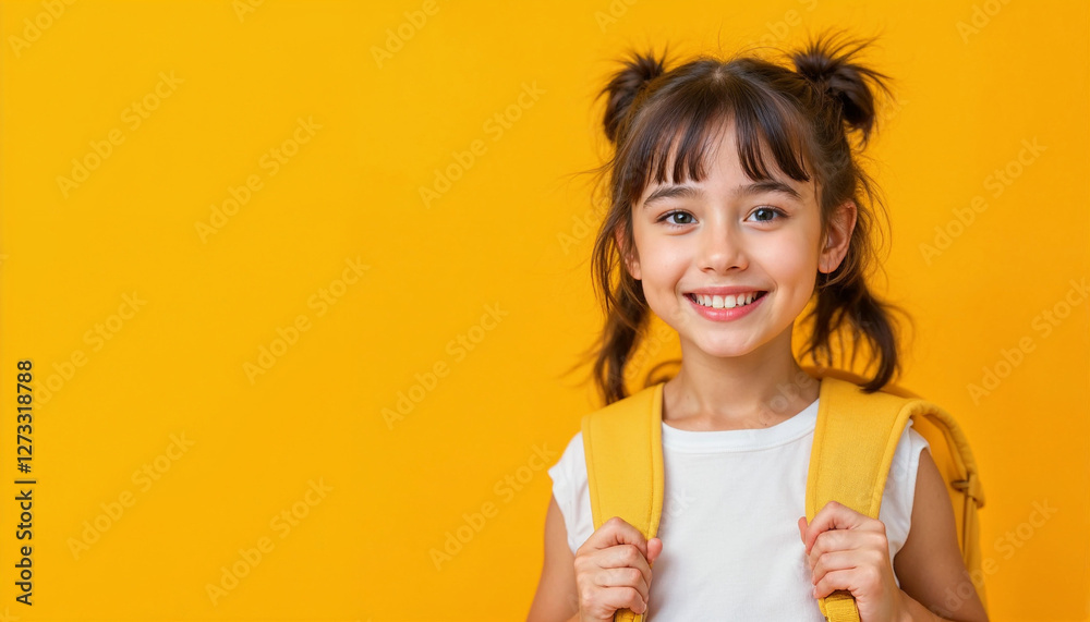 A cheerful American elementary school girl with a backpack smiles, set against a light orange background.
A cheerful American elementary school girl with a backpack smiles, set against a light orange background.