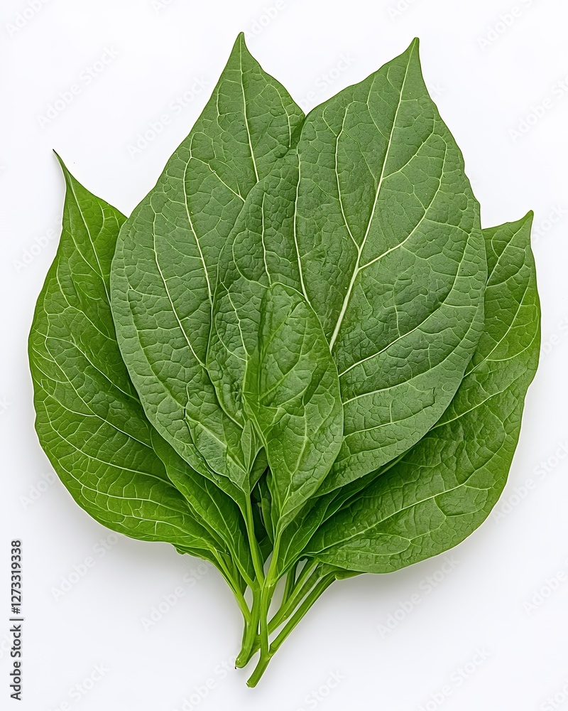 Obraz premium Fresh Green Leaves Arranged Neatly on a White Surface Showcasing Vibrant Color and Texture