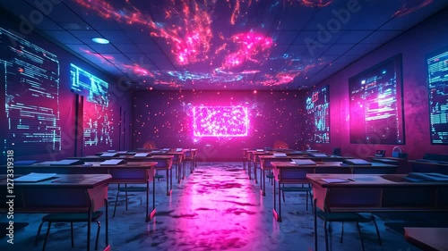 Futuristic Classroom with Neon Pink and Blue Digital Projections An Immersive Learning Environment with Glowing Desks and High Tech Technology for Innovative Education