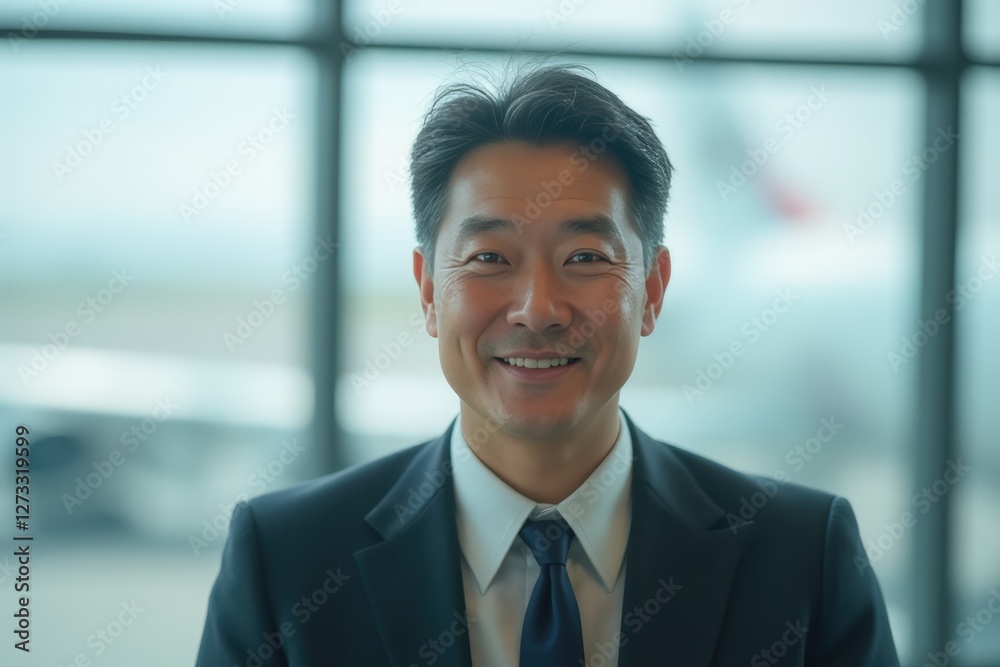 Head and shoulders Portrait of an elegant stylish Japanese 50 years old male flight attendant in uniform. Head and shoulders Portrait of an elegant stylish Japanese 50 years old male flight attendant in uniform.