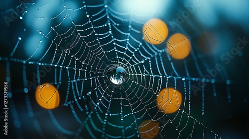 Dewdrops Adorn a Spiders Intricate Web at Dusk