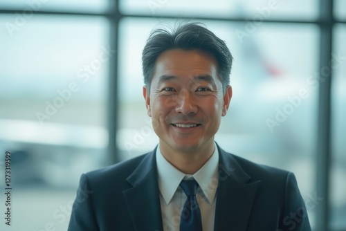 Head and shoulders Portrait of an elegant stylish Japanese 50 years old male flight attendant in uniform. photo