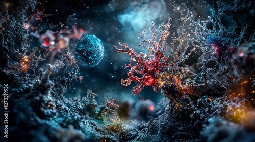 Cosmic colonization imagery vibrant space organ landscapes surreal environment digital art technique