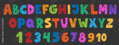 Crayon kids font, doodle funny playful alphabet. Hand drawn scribble kid typescript numbers. School wax crayon abc cute kindergarten handwriting playful letters, digits. Color pencil children font.