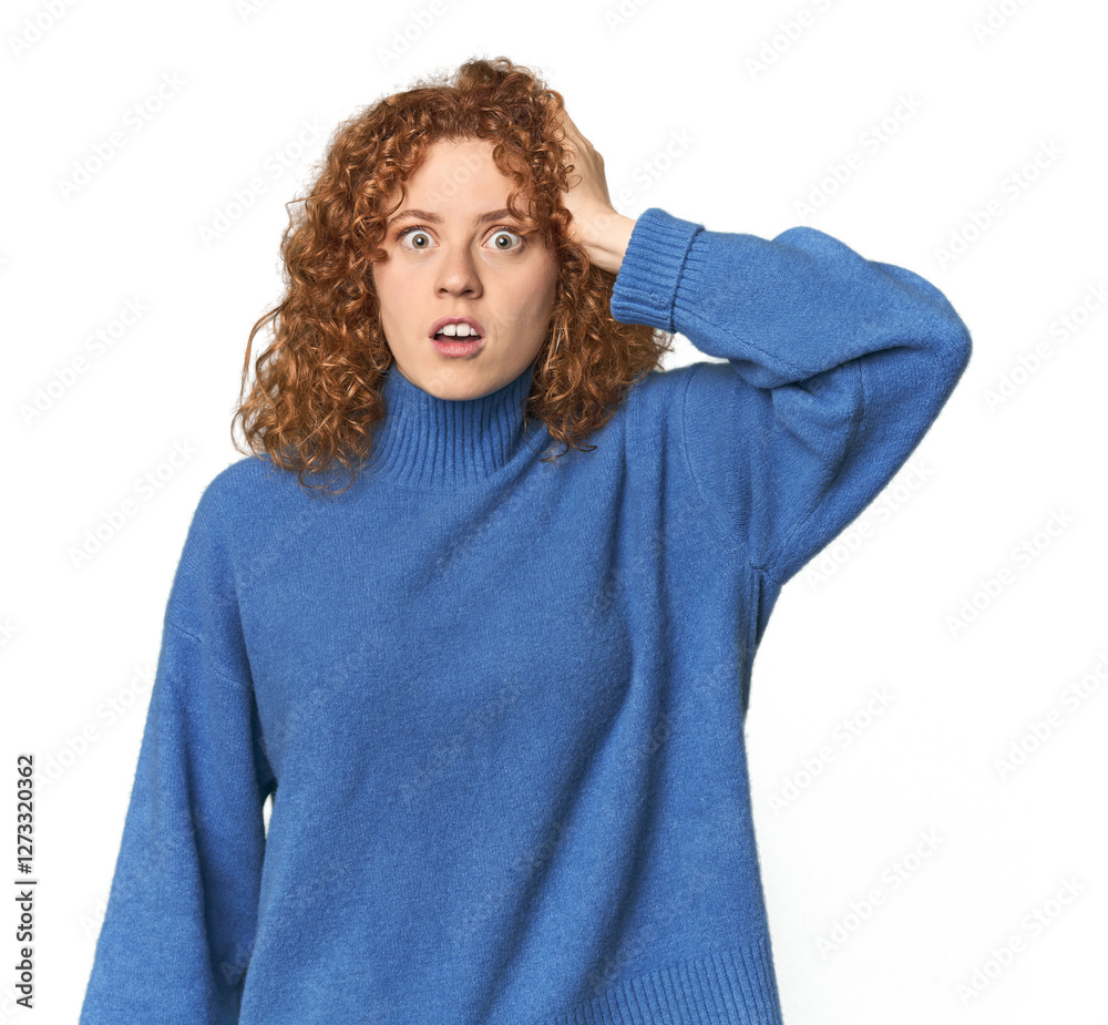 Young Caucasian redhead woman being shocked, she has remembered important meeting. Young Caucasian redhead woman being shocked, she has remembered important meeting.