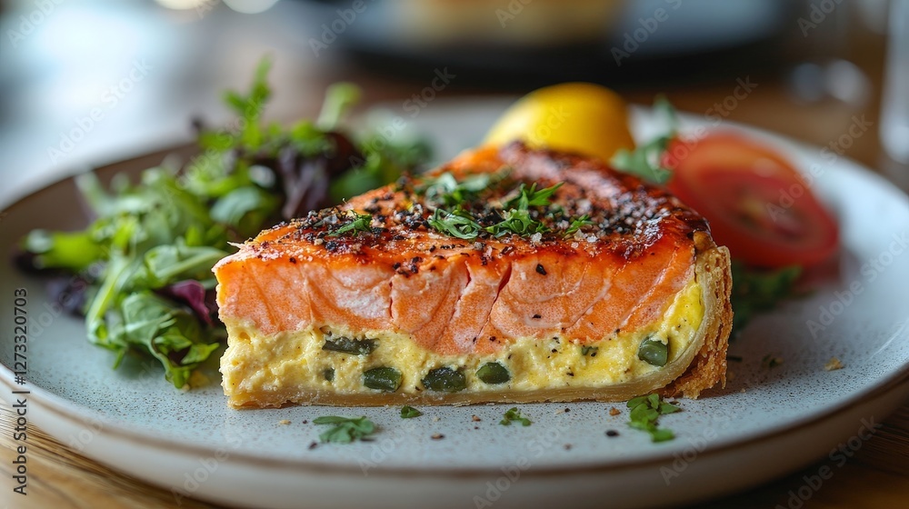A slice of salmon quiche served with a side salad and lemon. A slice of salmon quiche served with a side salad and lemon.