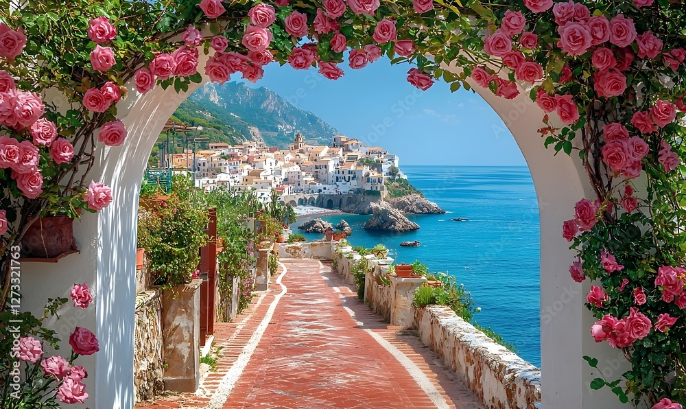 Fototapeta premium Pink rose arch overlooking colorful Mediterranean hillside village and blue sea