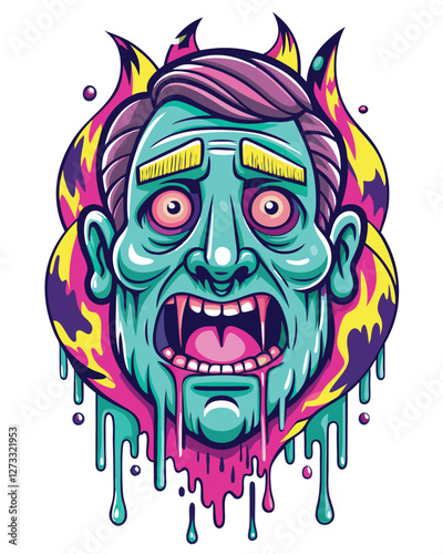 Create a whimsical, melting cartoon face dripping surrealistically, incorporating vibrant, unexpected colors and textures; suggest a surprised or amused expression.