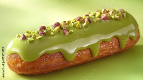 Pistachio-glazed eclair on a lime green background
